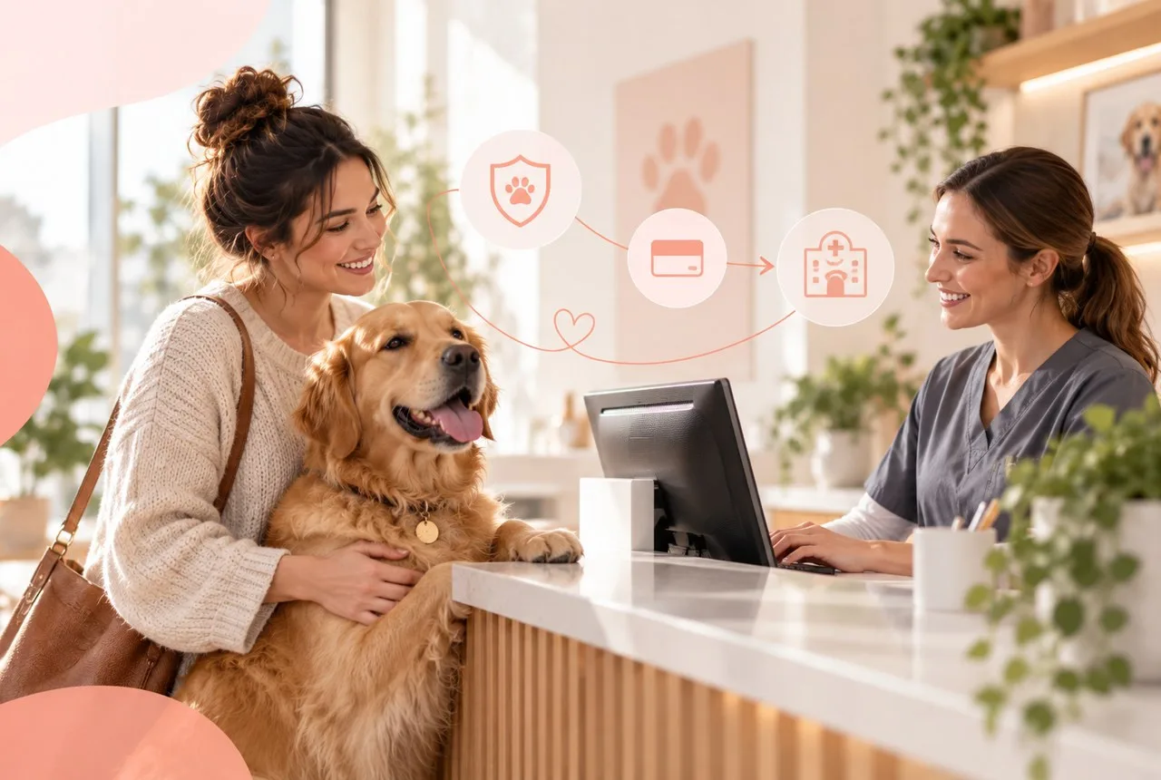 Dog owner speaking with a veterinary clinic receptionist